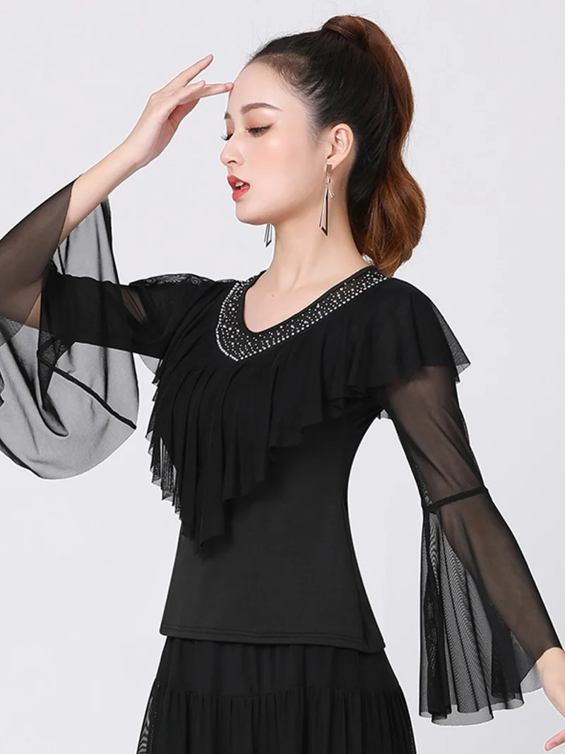 

Women Mesh Flare Sleeve Ruffles Dance Dress Top Social Latin Dance Practice National Rumba Samba Standard Dancewear Performance