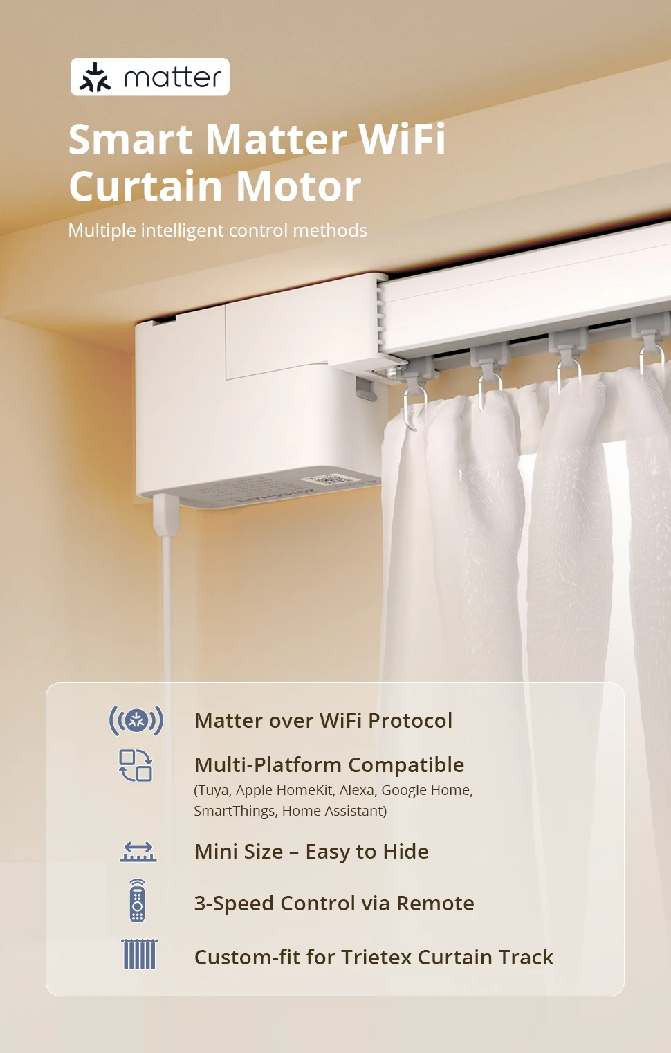 Matter Over WiFi Mini Electric Curtain Motor for Trietex Track Support Home Assi