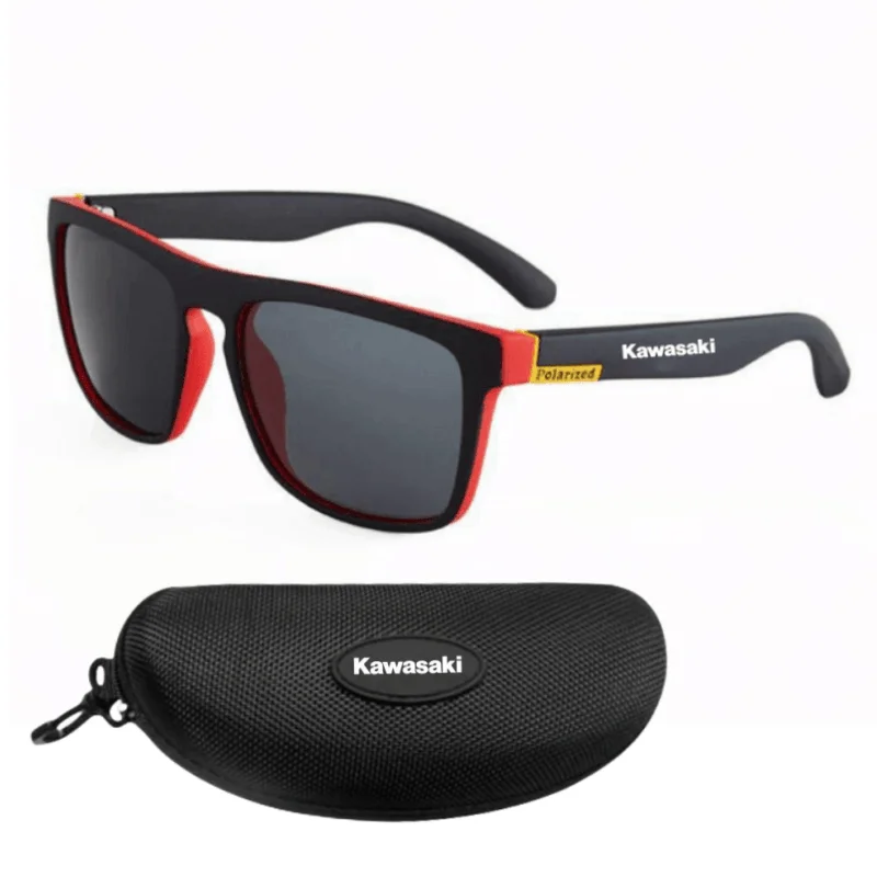 Sunglasses featuring black frames with red accents, branded with "Kawasaki" on the temples. These Kawasaki Outdoor Hunting Fishing Driving Bicycle Sunglasses offer UV400 protection and come in a black branded carrying case. Ideal for cycling enthusiasts looking for a blend of style and functionality.