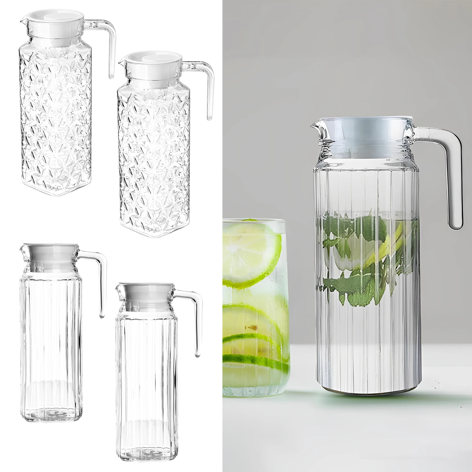 2 Pack Plastic Pitcher with Lid 1.1L Water Jar with Ribbed Design BPA-Free Water Pitcher Clear Plastic Water Pitcher with Vented