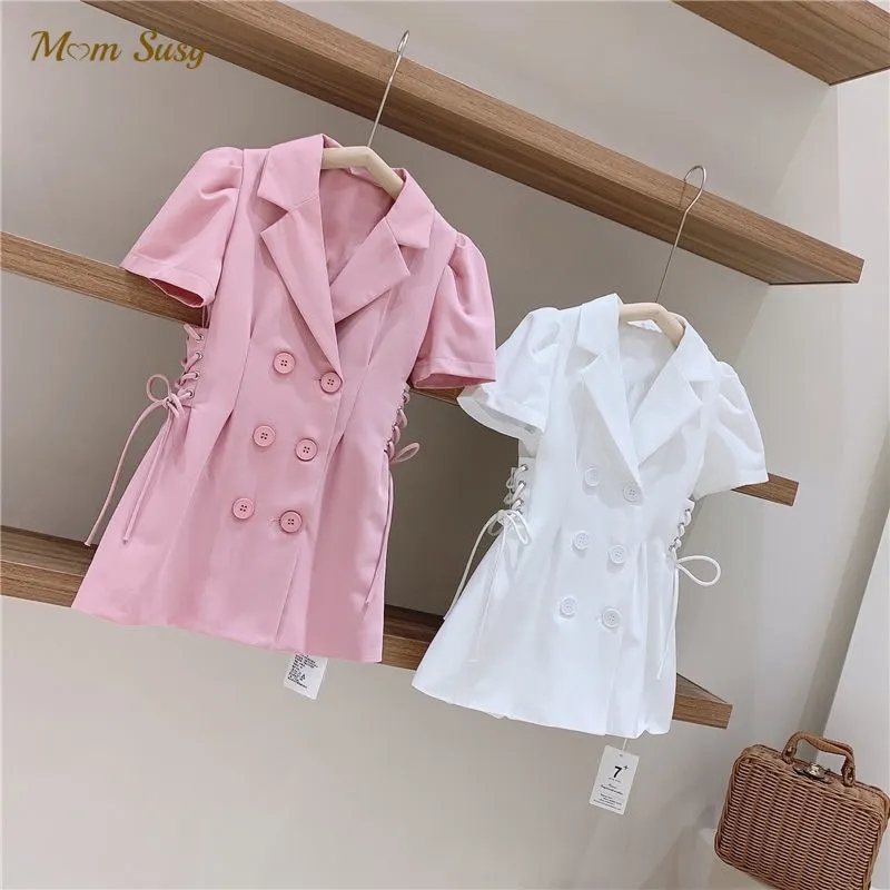 Fashion Baby Girl Suit Jacket Short Sleeve Child Waist Belt Jacket