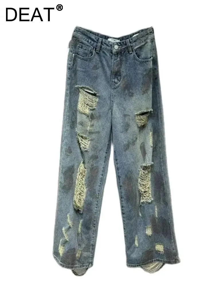 

DEAT Women's Denim Pants Tie Dye Broken Hole Do Old High Waist Straight Wide Leg Loose Jeans 2024 Summer New Fashion 33A1269