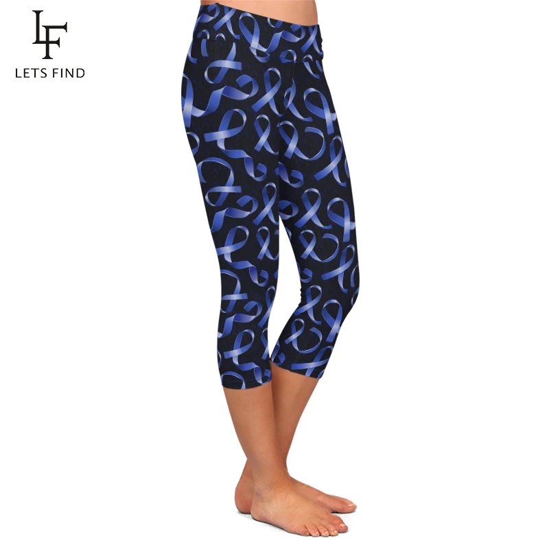 LETSFIND Summer 220gsm Milk Silk Blue Ribbon Print Capri Leggings High Waist Soft Fitness Mid-Calf Stretch Leggings