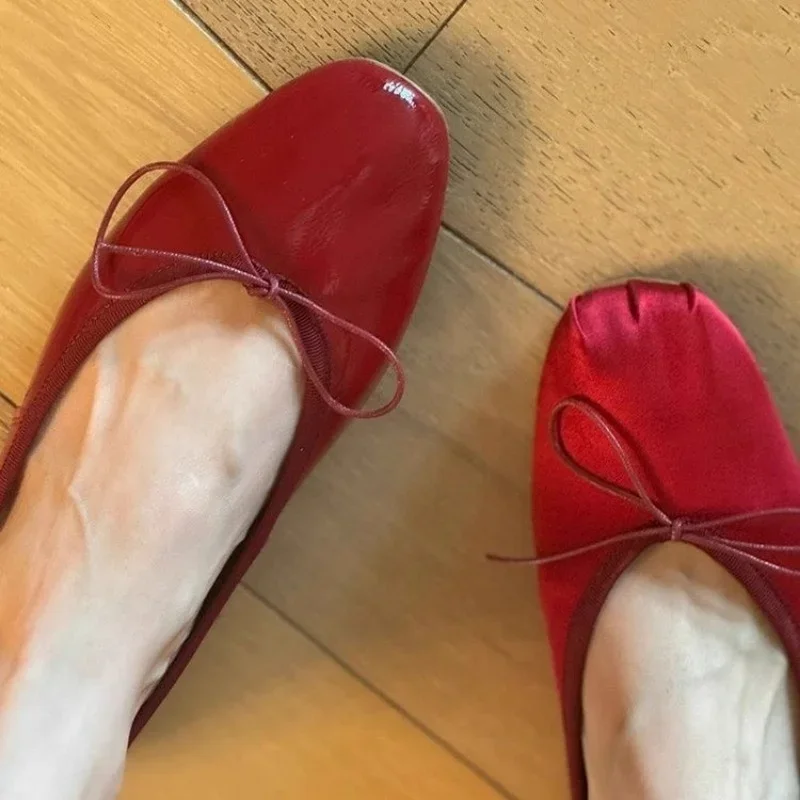 Retro Ultra-soft Women Shoe Spring Bow Red Flat Sole Single  Leisure Comfortable Leather Shoe New Ballet Shoe Zapatos Mujer 5