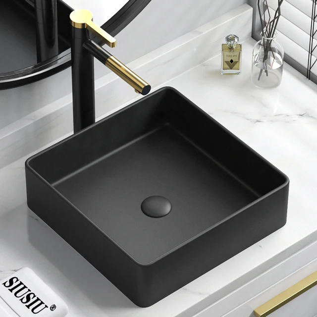 อ่างล้างหน้าเซรามิกสีดำแบบตั้งโต๊ะ ขนาด 46x37 ซม. สำหรับห้องน้ำ ระเบียง อ่างล้างหน้าเดี่ยว อ่างล้างหน้าแบบศิลปะ 3