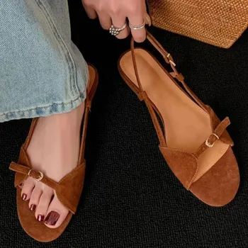Women's Fashion Sandals New Summer Round Head Soft Frosted Open Toe Hollow Belt Buckle Flats 1