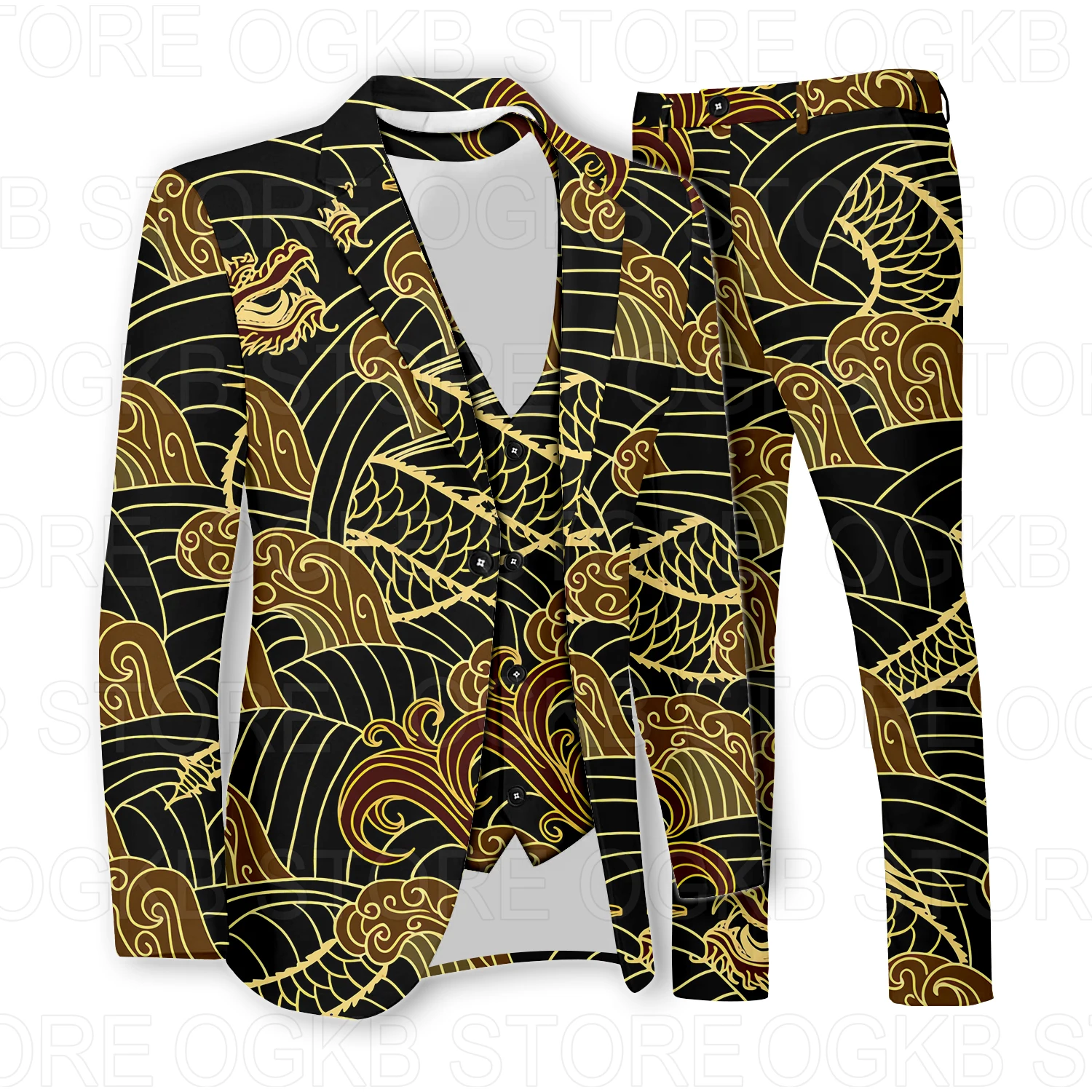 Plus Size Men's Suits 3 Piece Set 3D Printed Casual Wear Business Formal Suit Pants Set Vintage Graphic Designer Blazer
