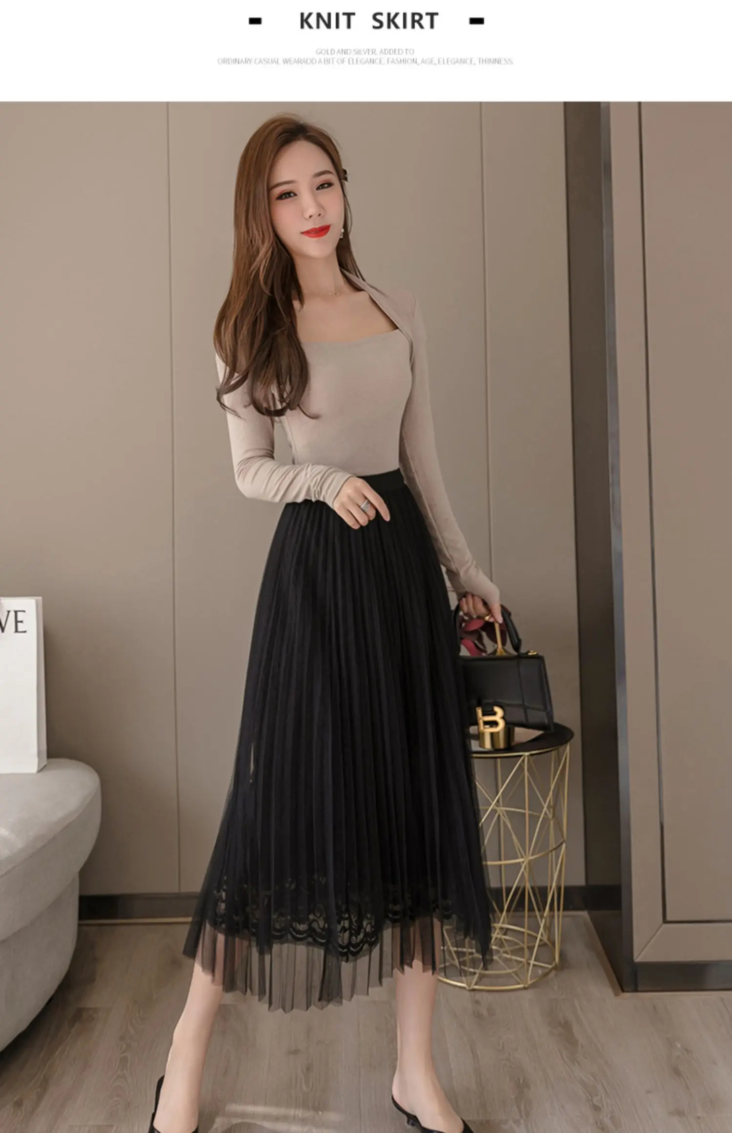 a line skirt Women Midi Lace Skirts Spring Summer Elastic High Waist Mesh Tulle Skirt Casual Pleated Skirts Apricot Black Office Lady N136 a line skirt