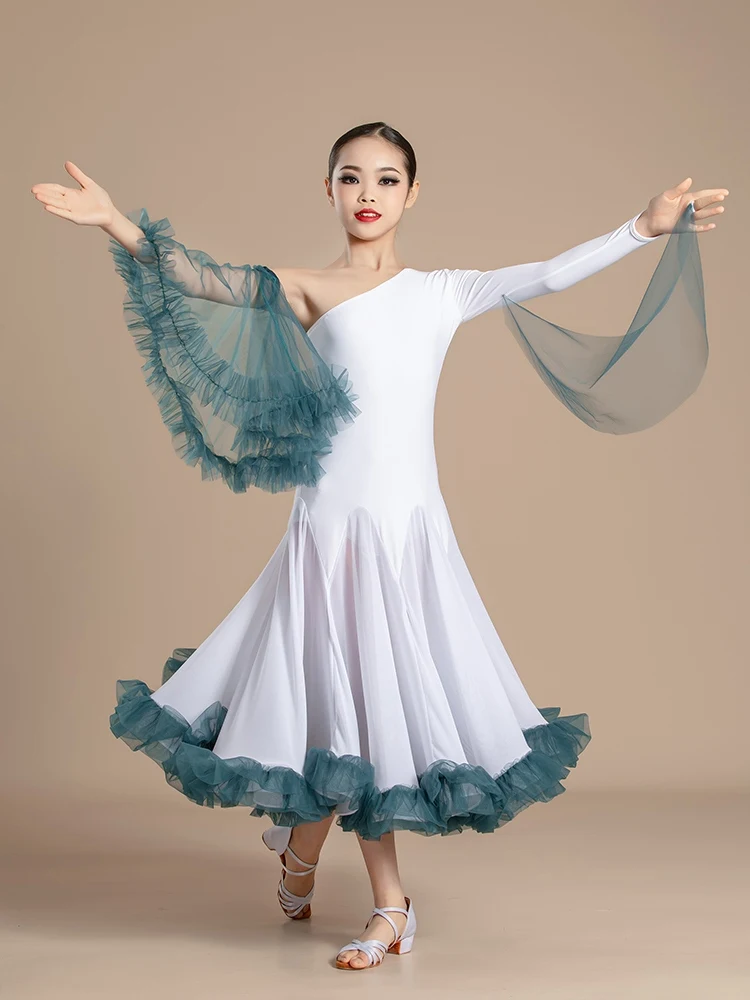 Girls One-Sleeve Ballroom Dance Dresses Standard Dancing Performance Costume Children Waltz Tango Dance Dress