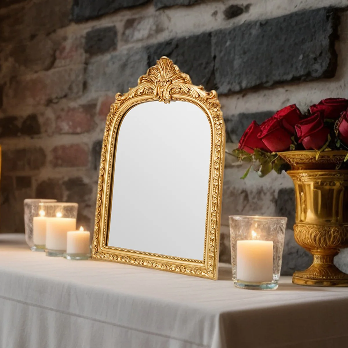 1PC, resin material, golden arched lace decorative hanging mirror, wall decoration and dressing table mirror