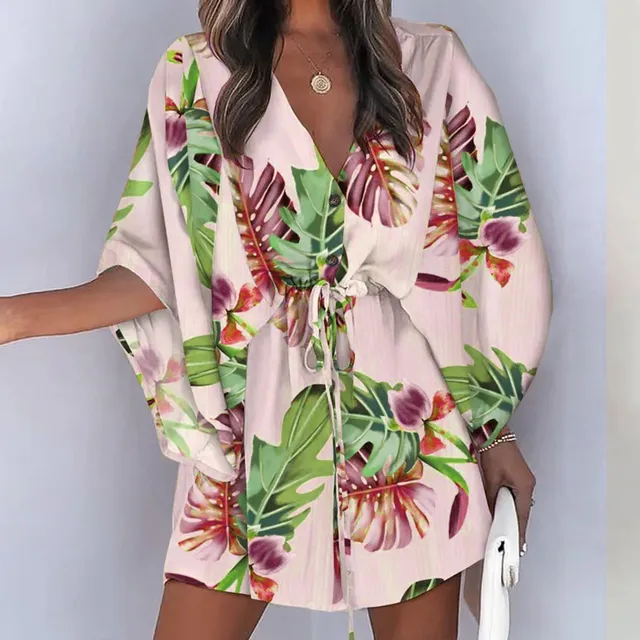 Womens Floral Neck Knot Front A Line Short Sleeve Cloak Sleeve Dress Women's Summer Beach Style Vacation Dress Above Knee - Image 5