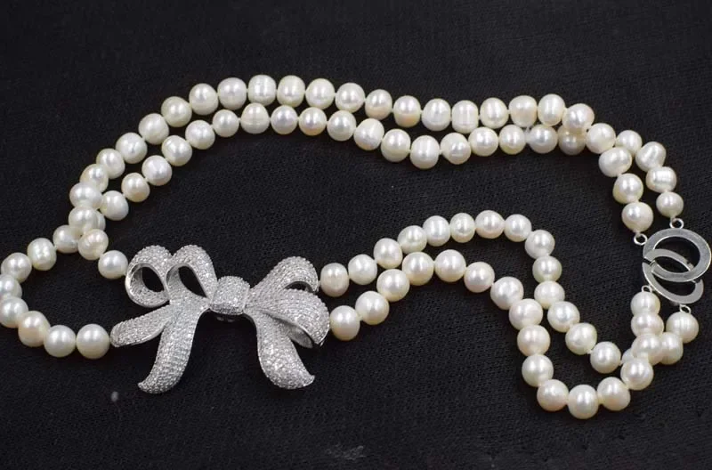 

2rows freshwater pearl white near round 8-9mm necklace 17-18inch wholesale beads nature