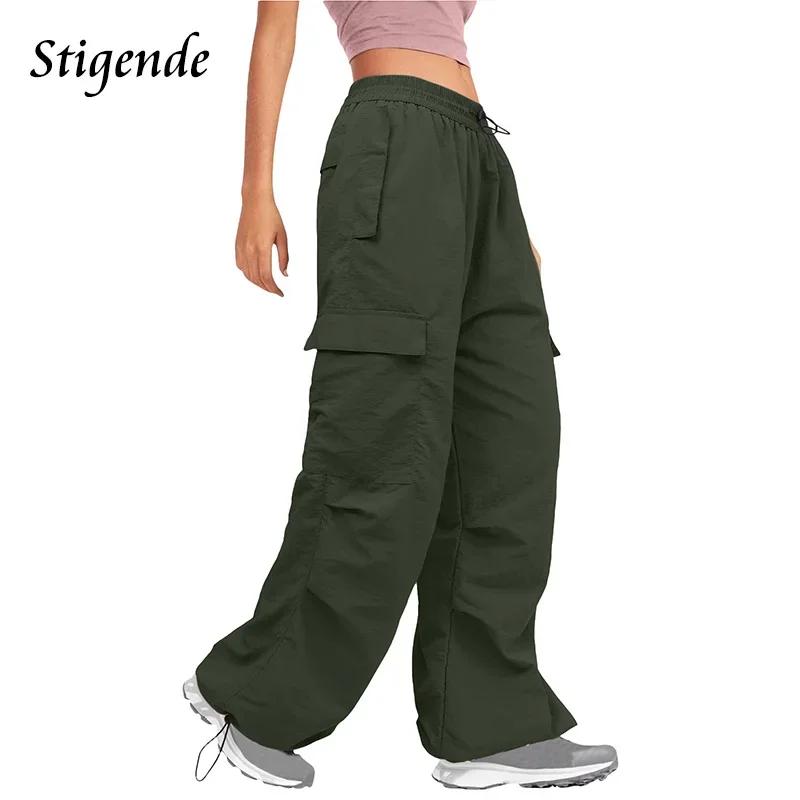 

Stigende Women Elastic Waist Straight Pants Wide Leg Loose Hip Hop Cargo Pants Solid Color Drawstring Pocket Baggy Trousers
