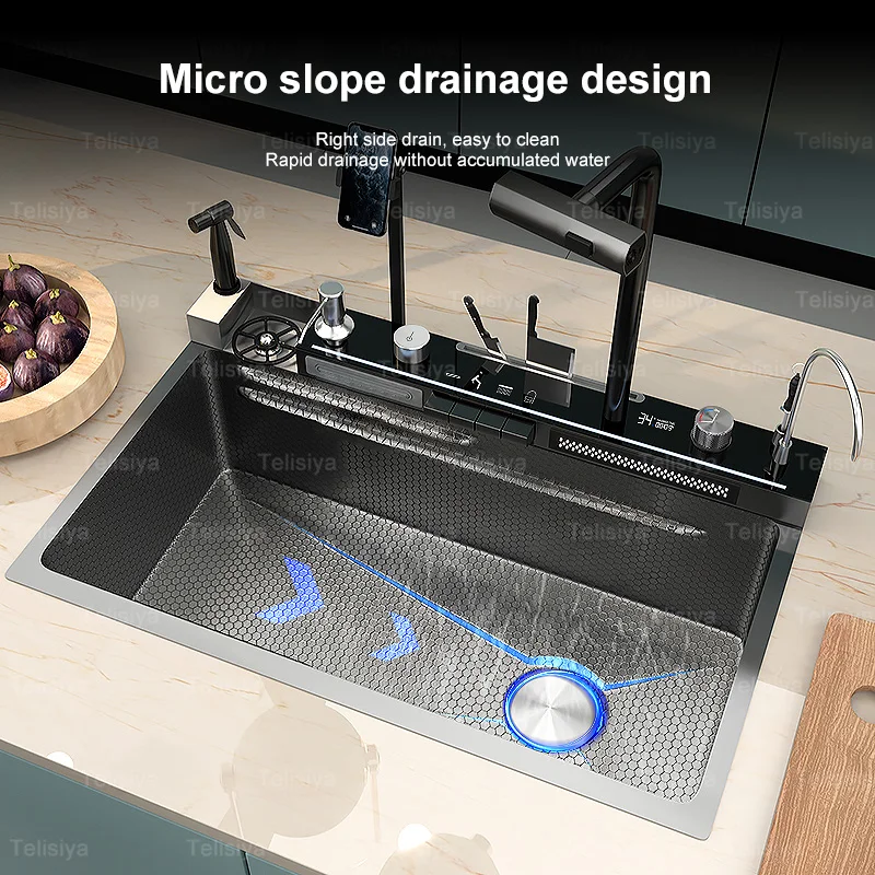 Digital Display Kitchen Sink New Waterfall with Honeycomb Embossed Booster Faucet Large Countertop Basin Single Sink