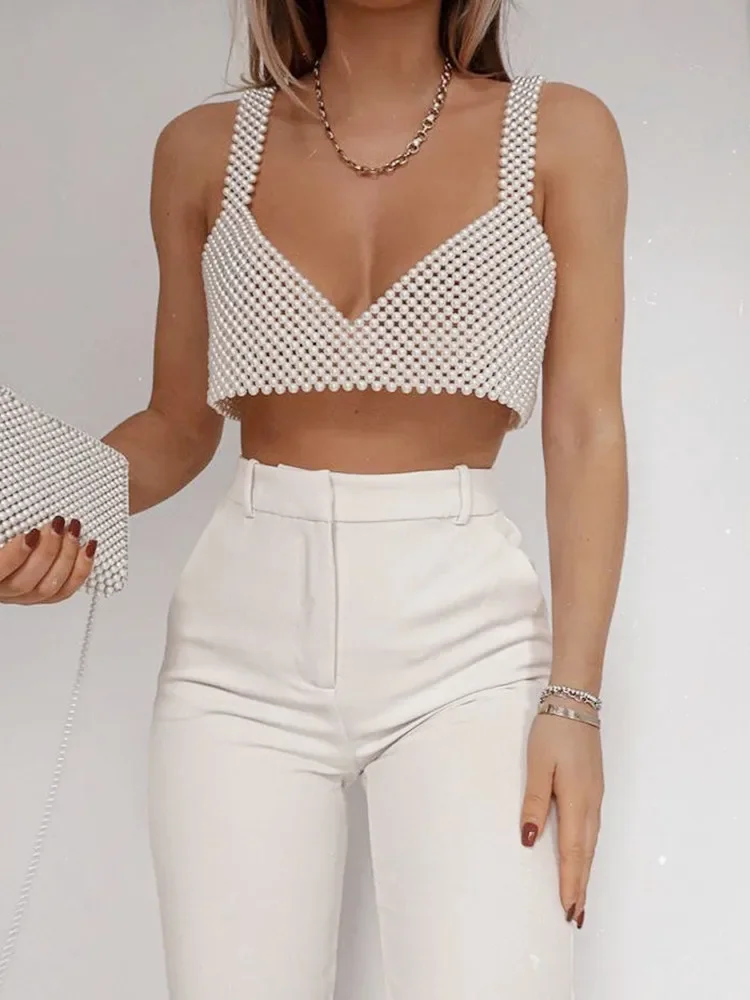 Women Bead Sleeveless V Neck Tank Tops for Summer Party