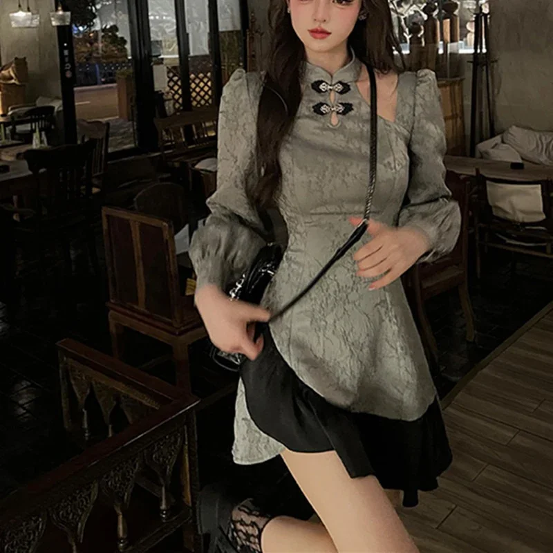 Jade Pendant Vintage Cheongsam Harajuku Chinese Dress Tie Dye Gothic Women Aesthetic Bandage Y2k Sexy Robe Carnival Dress Up