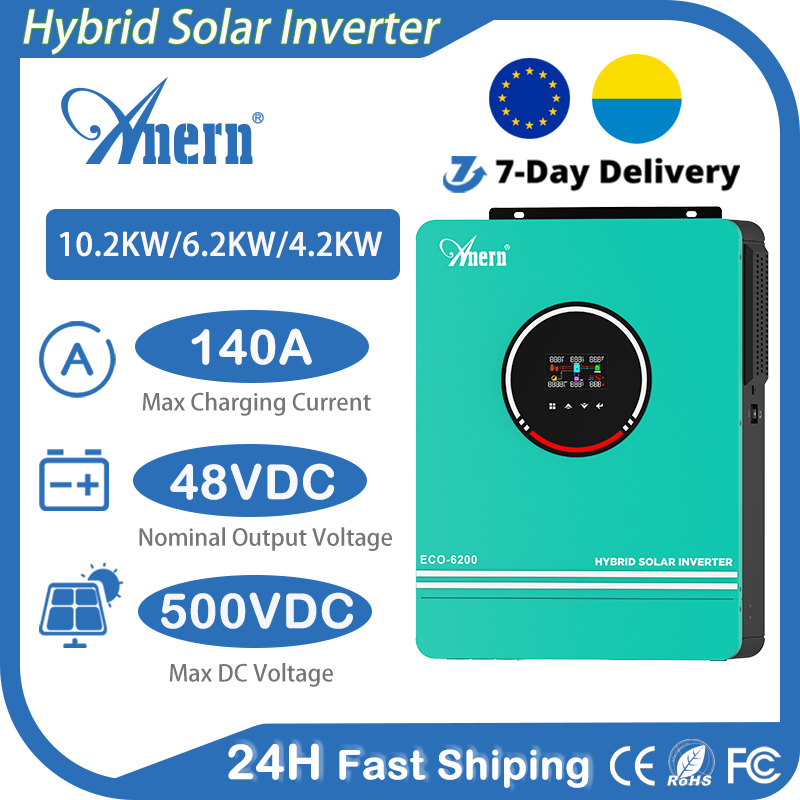 Anern Solar Hybrid Inverters 6.2KW 4.2KW 24V 48V With MPPT 140A Charger Controller Dual AC Output Pure Sine Wave for Home System