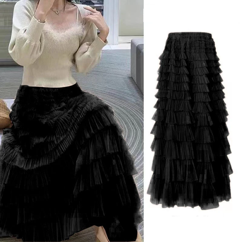 Summer Spring Women’s Multilayer Ruffles Tulle Skirt Pleated High Waist Fluffy Maxi Skirt Fairy Cake Dress Long Tutu Party Skirt