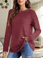 2024 Autumn Women Round Neck Long Sleeved Pit Stripe Pullovers Solid Color Lightweight Ladies Sweaters Comfortable Woman Clothes - Image 3
