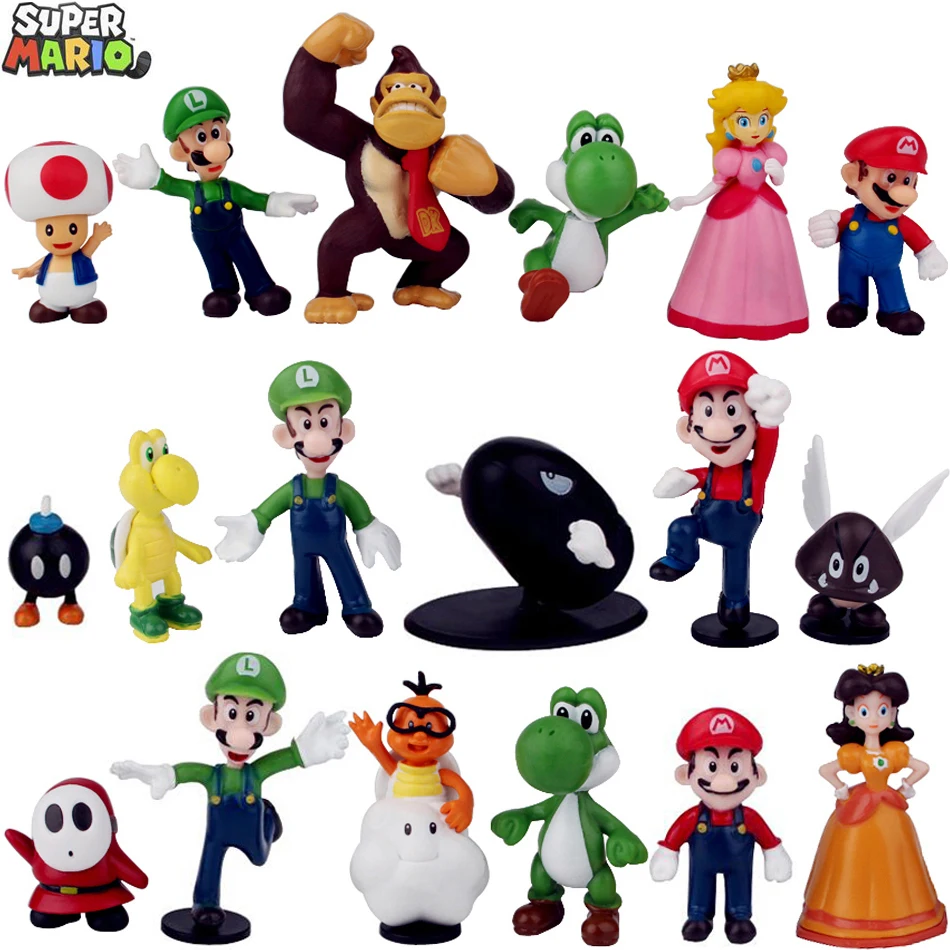 thumbnail image 1 of Treingi 2024 6 piezas/18 piezas Super Mario Bros PVC figuras de acción juguetes muñecas modelo conjunto Luigi Yoshi Donkey Kong hongo para niños regalos de cumpleaños, 1 of 5