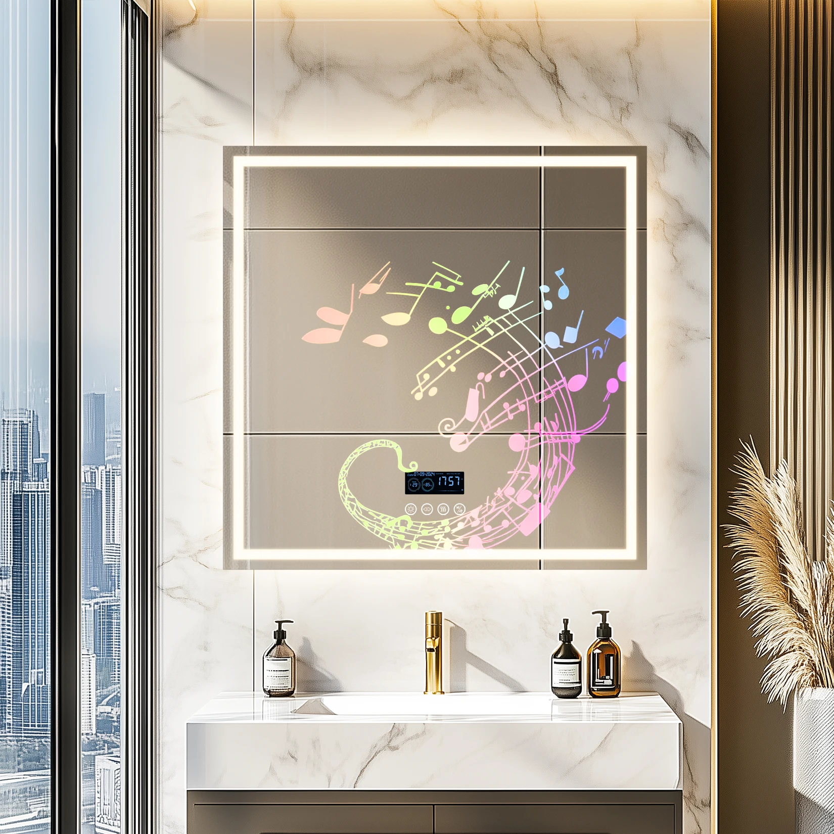 LED Bathroom Mirror 800mm Square Wall Mirror with Bluetooth Time Temperature Display 3 Colours Front+Backlit Anti-fog Memory 2