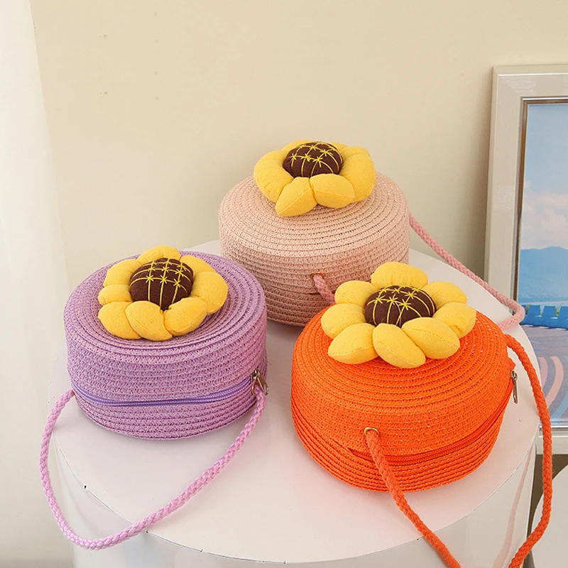 Round Straw Bag Women Woven Crossbody Beach Bag for Ladies Cute Rattan Handmade Knitted Shoulder Bag Candy Color Small Handbag