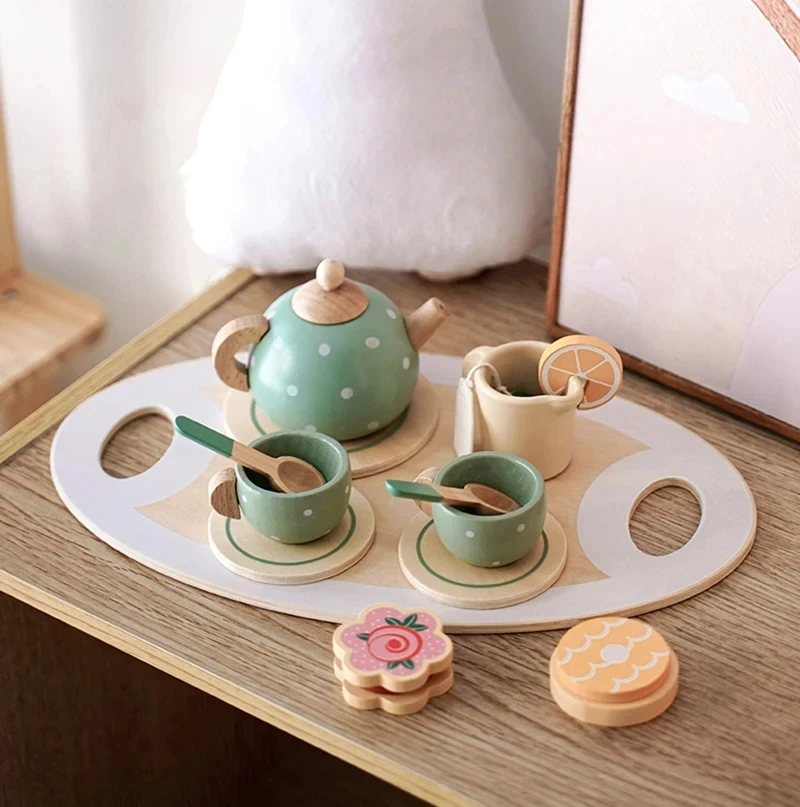 Wooden Afternoon Tea Set Toy Pretend Play Food Learning Role Play Game Early Educational Toys for Toddlers Girls Boys Kids Gifts 5