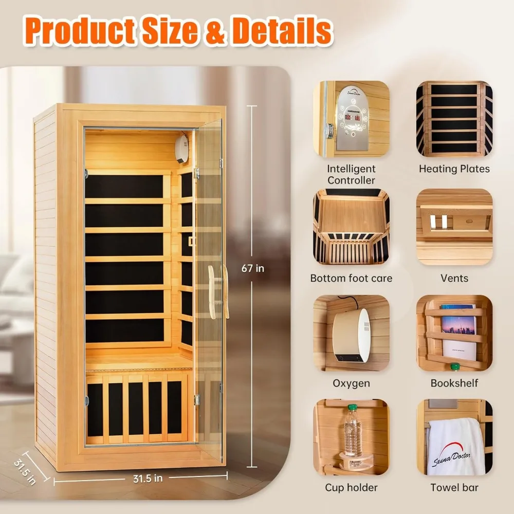 Far Infrared Sauna1 Person Hemlock Wood Dry Sauna Low EMF Heaters Panels Spa Indoor Sauna with Intelligent Control Panel 5