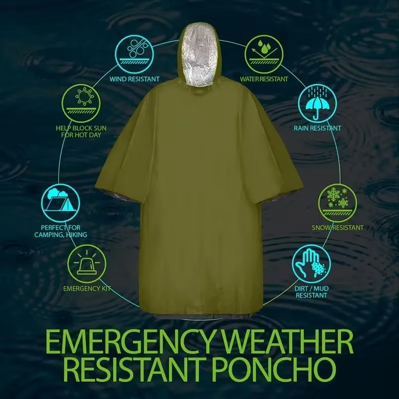 OutdoorPortable Emergency Rain Poncho Survival CampingThermal Insulated Raincoat for Hiking Trekking and Cold Weather Protection