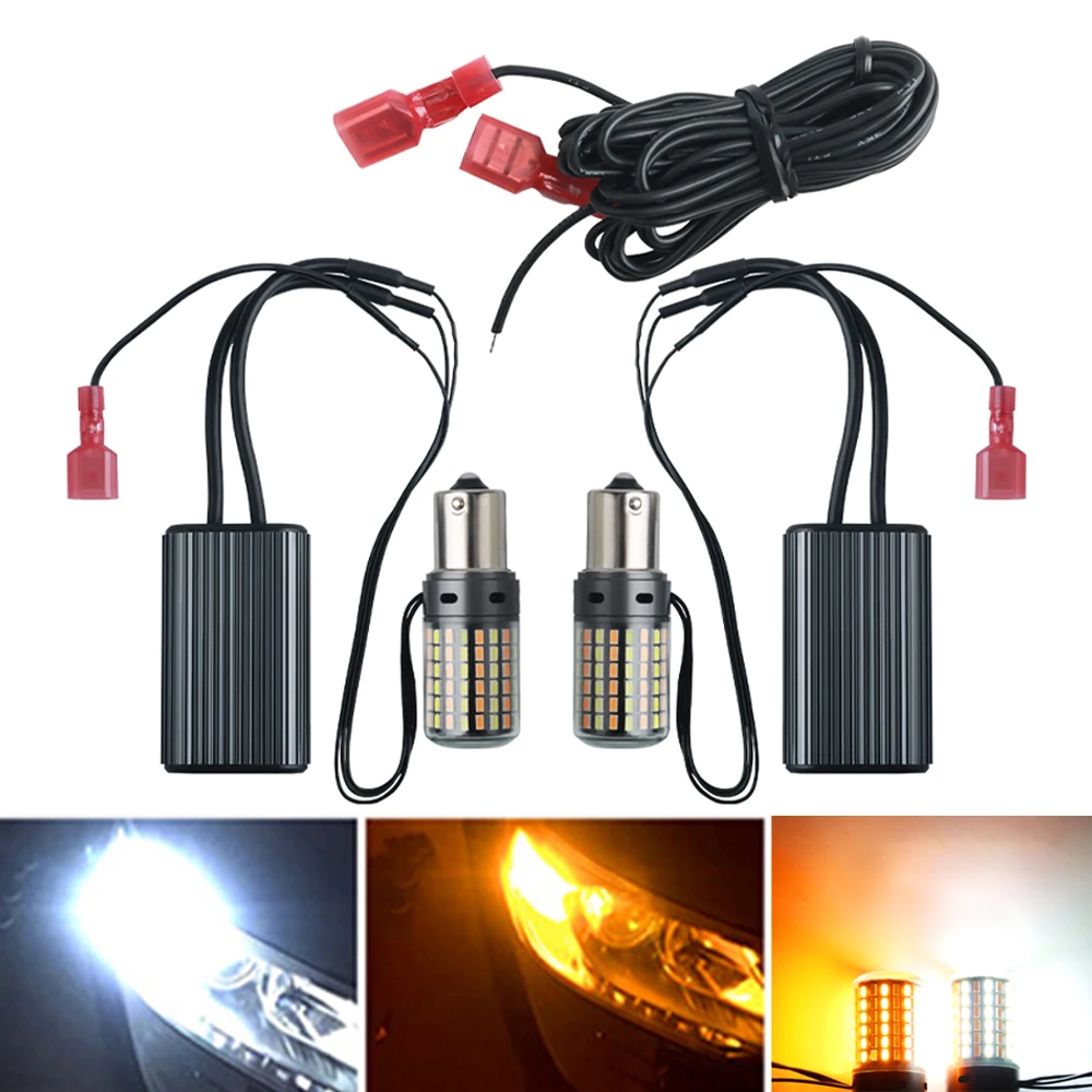 DRL com luz indicadora de direção 2 em 1 Canbus sem erro LED do carro 1156 P21W BA15S PY21W BAU15S 7440 W21W T20 Duas cores de dois modos Switchback 3000K 6000K Branco e amarelo 12V