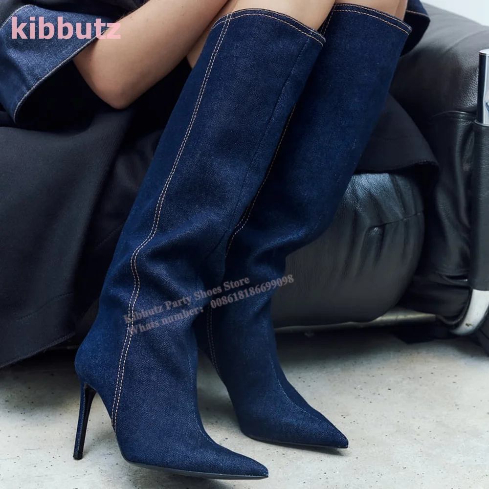 

Denim Sewing Knee High Boots Pointed Toe Thin Heel Slip-On Solid Blue Asymmetric Calf On The Top Fashion Runway Show Women Shoes