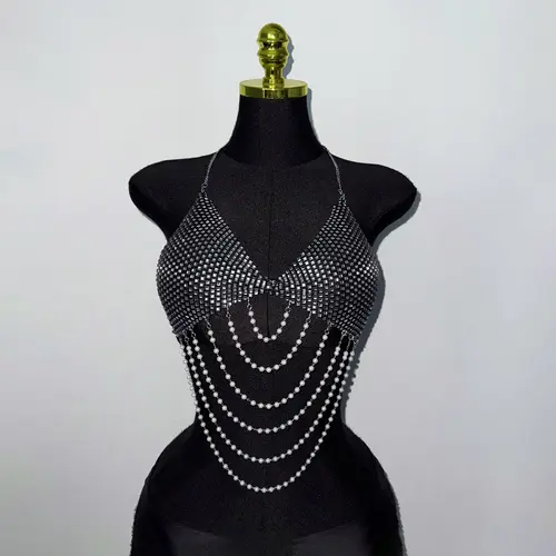 Women Pearl Chain Tassel Tank Top Shiny Diamonds Mesh V Neck Backless Halter Neck Crop Top Rave Vocal Concert Party Camisole - Image 4