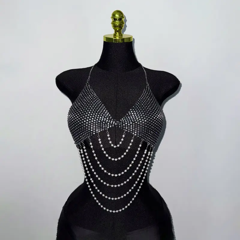 Women Pearl Chain Tassel Tank Top Shiny Diamonds Mesh V Neck Backless Halter Neck Crop Top Rave Vocal Concert Party Camisole - Image 4