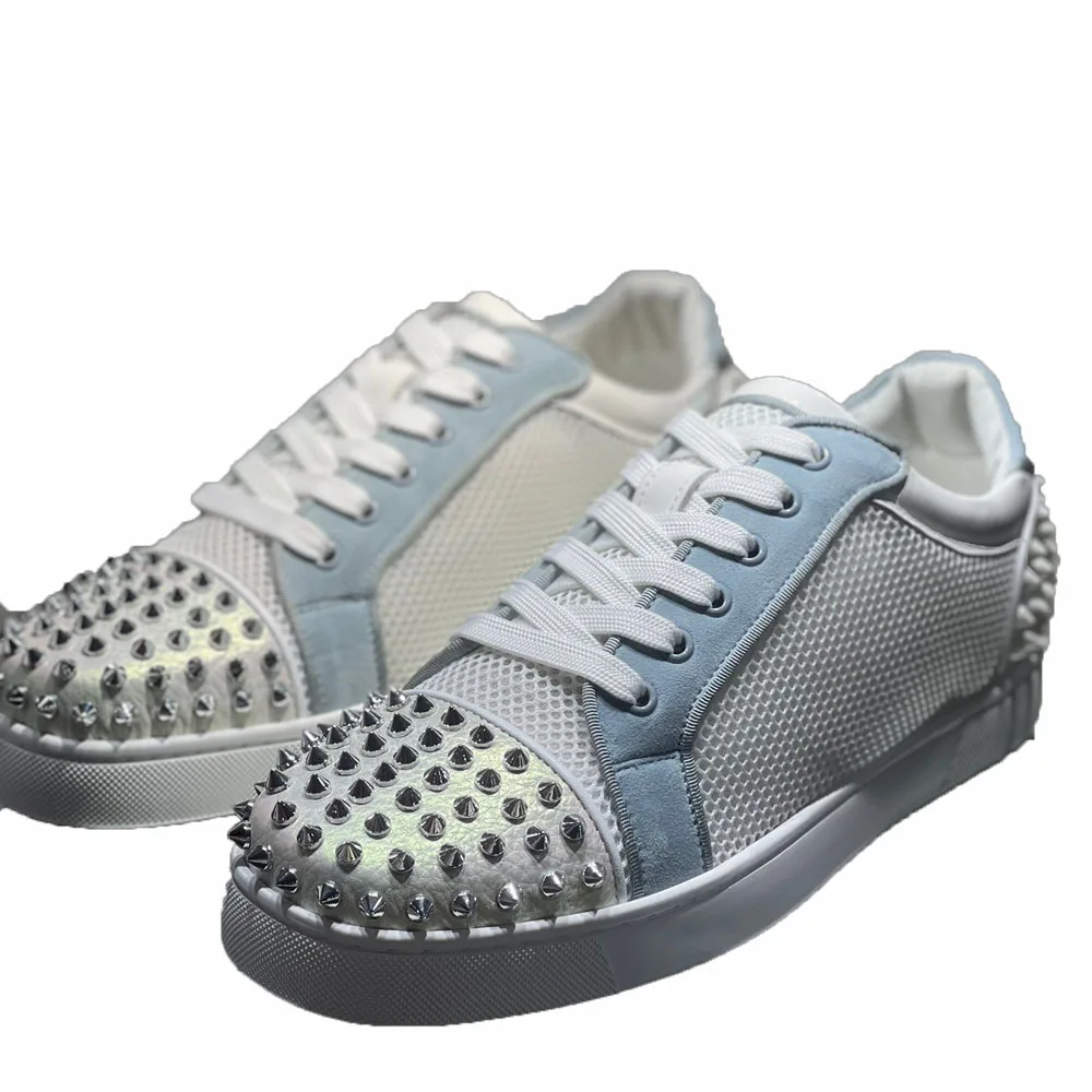 

Low Top Women Red Bottom Shoes For Men Luxury Trainers Driving Spiked Bar Silver Rivets Toecap White Heels Net Genuine Leather