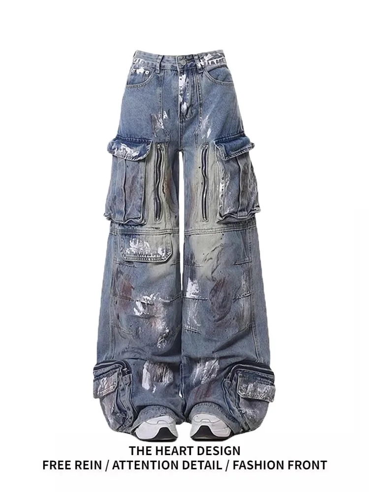 American Design Multi-ket Spray Painted Digital Print Women's Jeans Spring Trendy Heavy-Du Street Workwear Trousers