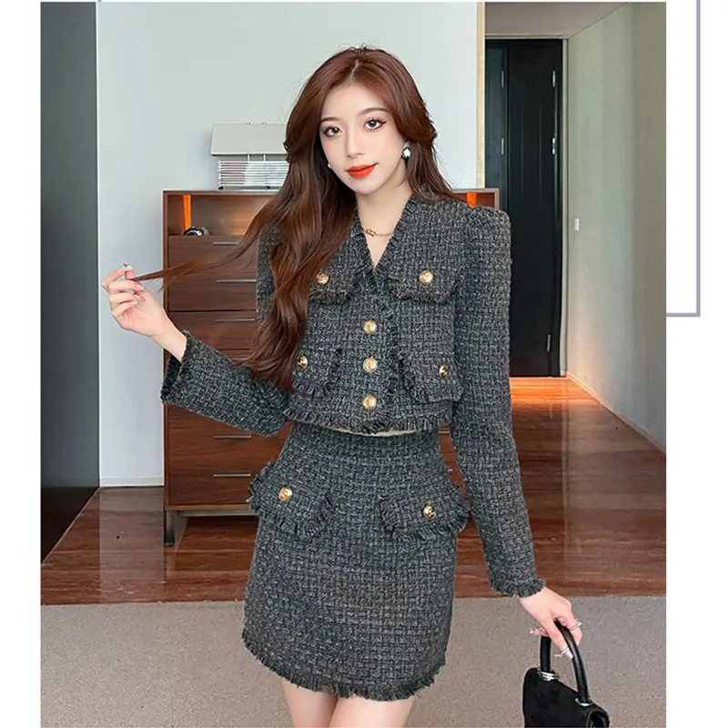 

Winter Vintage Tweed Two Piece Women Outfits Woolen Short Jacket Coat & Tassels Mini Pencil Skirt Suits Autumn 2022