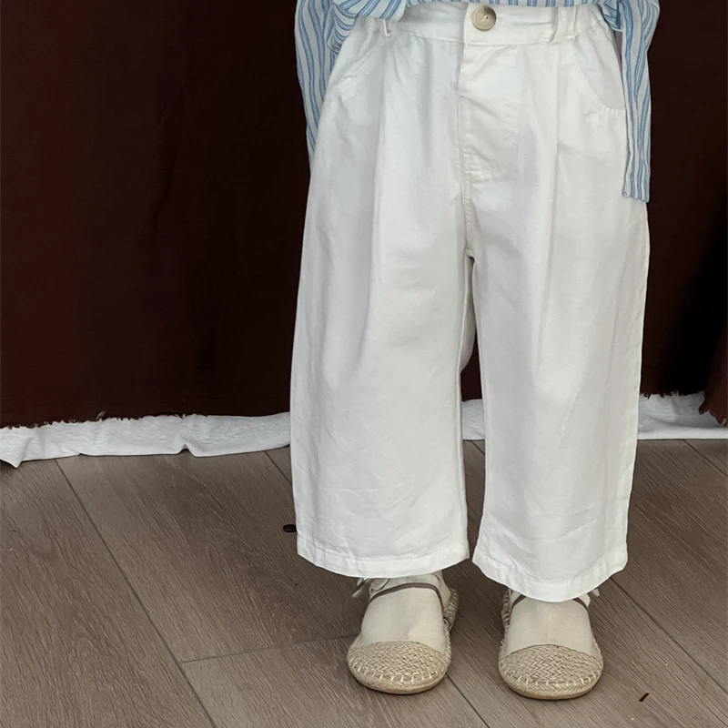 Pants Girl Boy Autumn Korean Cotton Washed Straight Simple Button Pleated Comfortable Cute Sweet