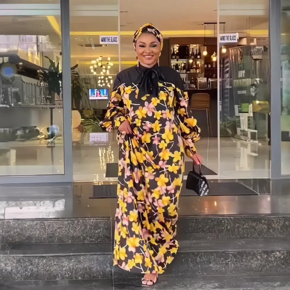 

Plus Size African Dress Clothing for Abaya Women 2024 Dashiki Ankara Printed Design Boubou Wedding Party Dresses with Headscarf