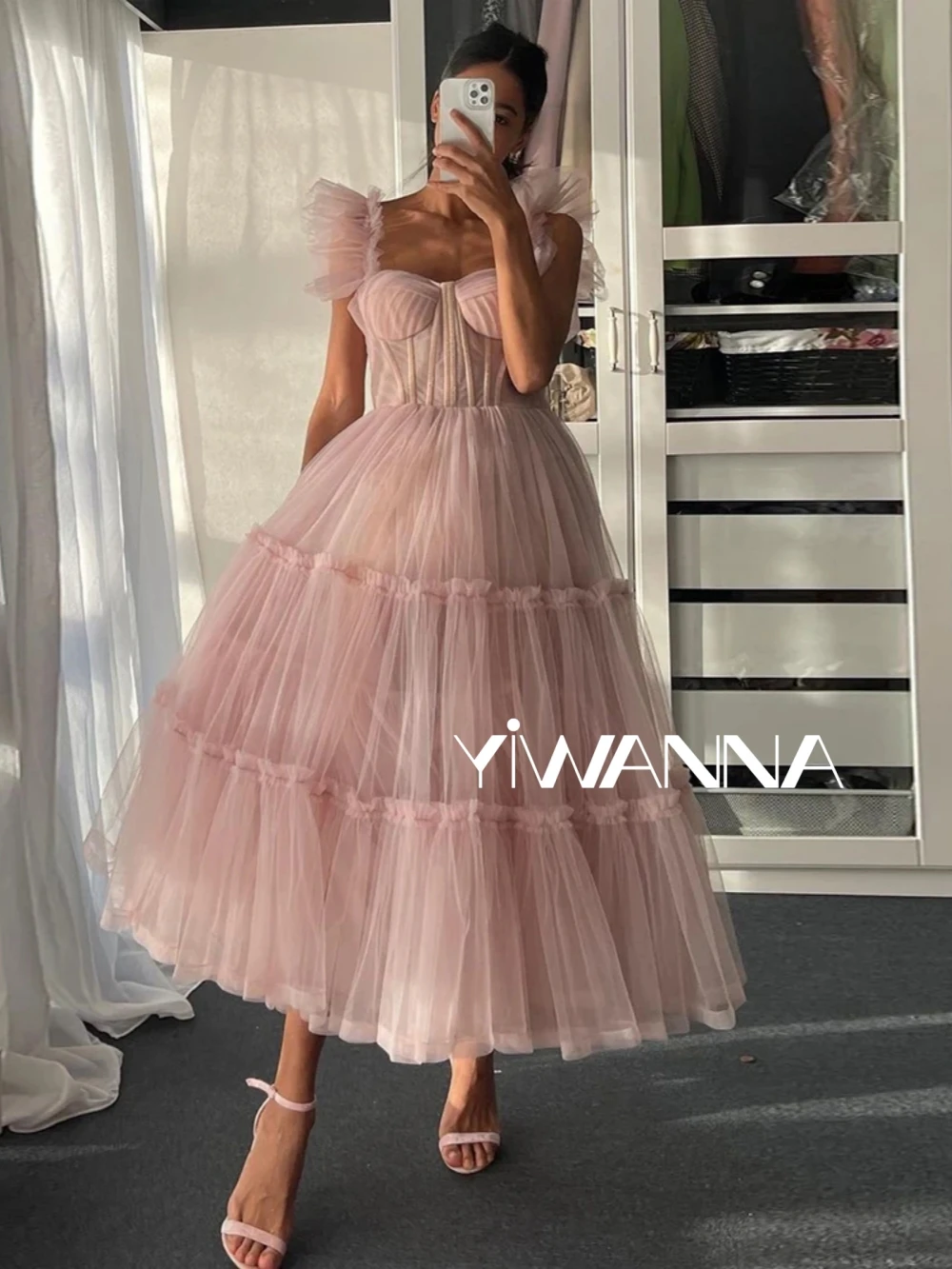 

Romantic Sweetheart Neck Cocktail Dress Simple Pleat Evening Gown Pink A-line Tulle Tea-length Prom Dresses For Formal Occasion