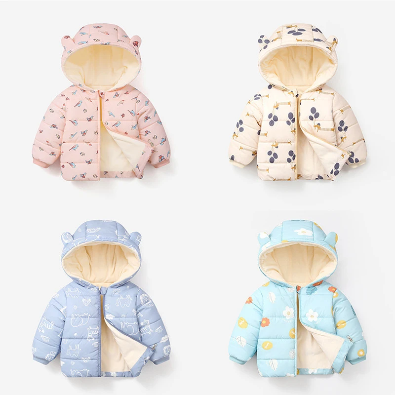 Baby Printed Hooded Puffer Jacket Infant Warm Fleece - Lined Coat Bear Ear Design