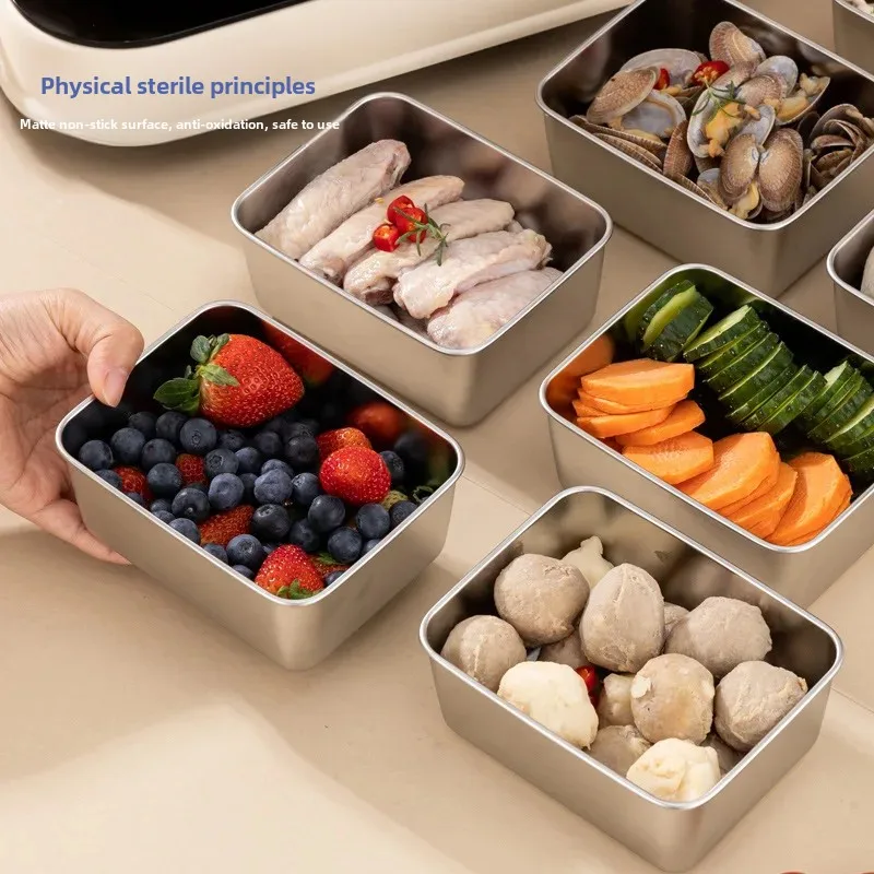Large Stainless Steel Rectangular Fridge Preservation Box With Cover Home Use Food Fruit Lunch Box Square Rice Cooker