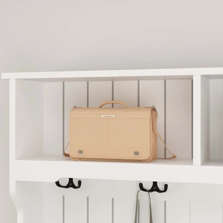 Wide Hall Tree with Cushion Bench Shoe Storage Includes Two Display Cubbies and A Coat Rack with 4 Hooks Hall Trees Shoe Bench