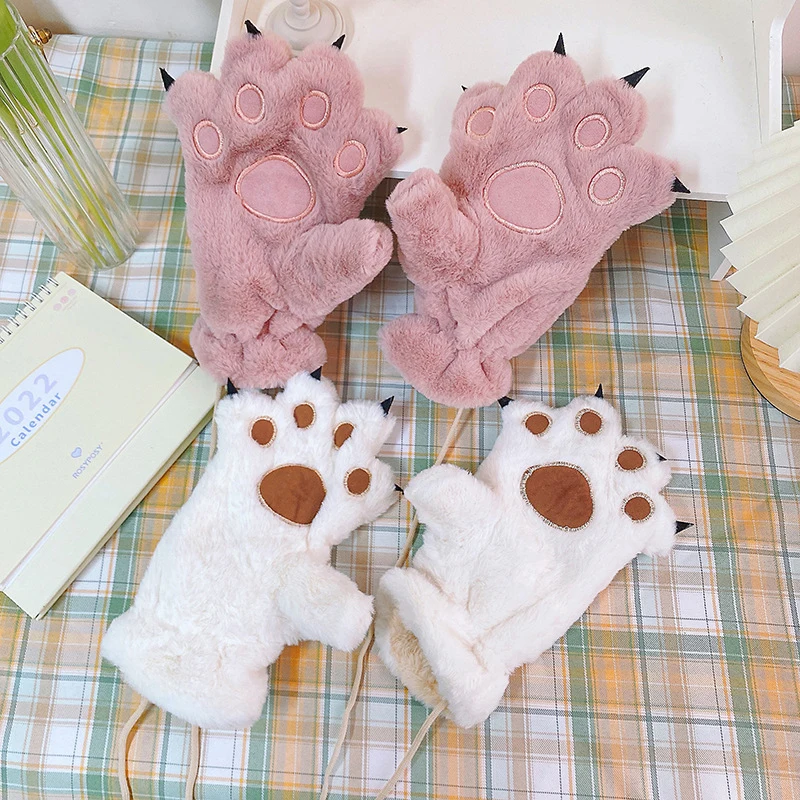 Girls Warm Soft Gloves Lovely Cat Claw Paw Plush Gloves Mittens Full Finger Glove Bear Claws Halloween Gloves Winter Glove