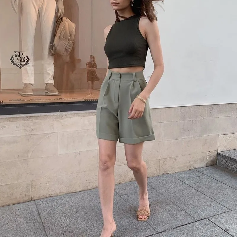2022 New Wide-leg Loose Women's Trousers Material Flanging with Pockets Zipper Buttons Solid Color Fashion Casual Shorts