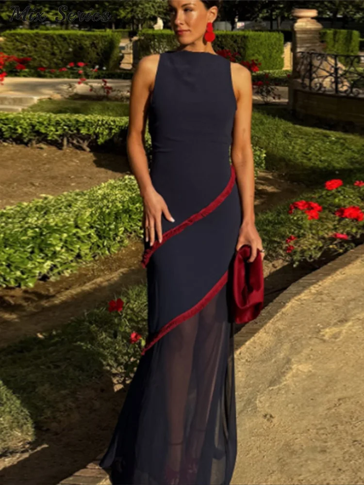 Elegant Stripe Backless Long Dress Women's Contrast Color Slim O-Neck Sleeveless Dresses Summer Female Fashion Party Robes 5