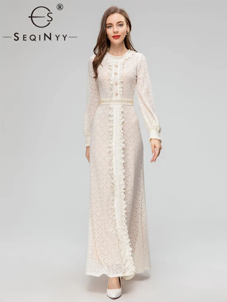 

SEQINYY Elegant Long Dress High Quality Soft Mesh Leaf Lace Hollow Out Flower Ruffles Bead Buttons Slim Fashion For Female