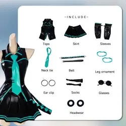 Elegant 16th Anniversary Cosplay Costume: Chic Leather Dress & Stylish Uniform Set with Wig for Halloween Festivities (Hatsune Miku10 Piece)