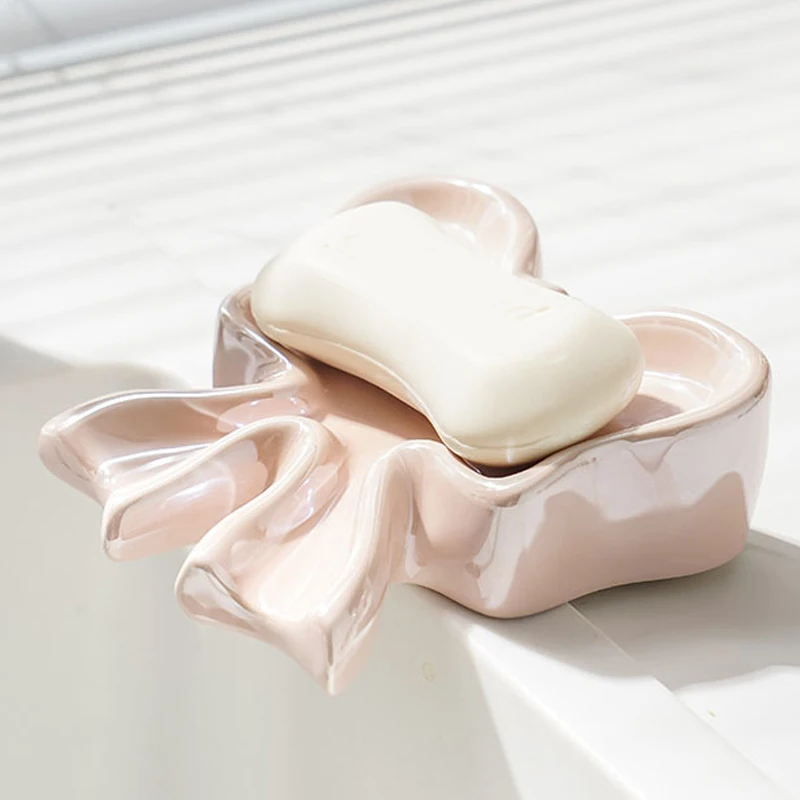 Creative Ceramic Soap Box , Light luxury Cute Bow Shaped Soap Dishes, Home Bathroom Kitchen Supplies, Bathroom storage rack, 1Pc