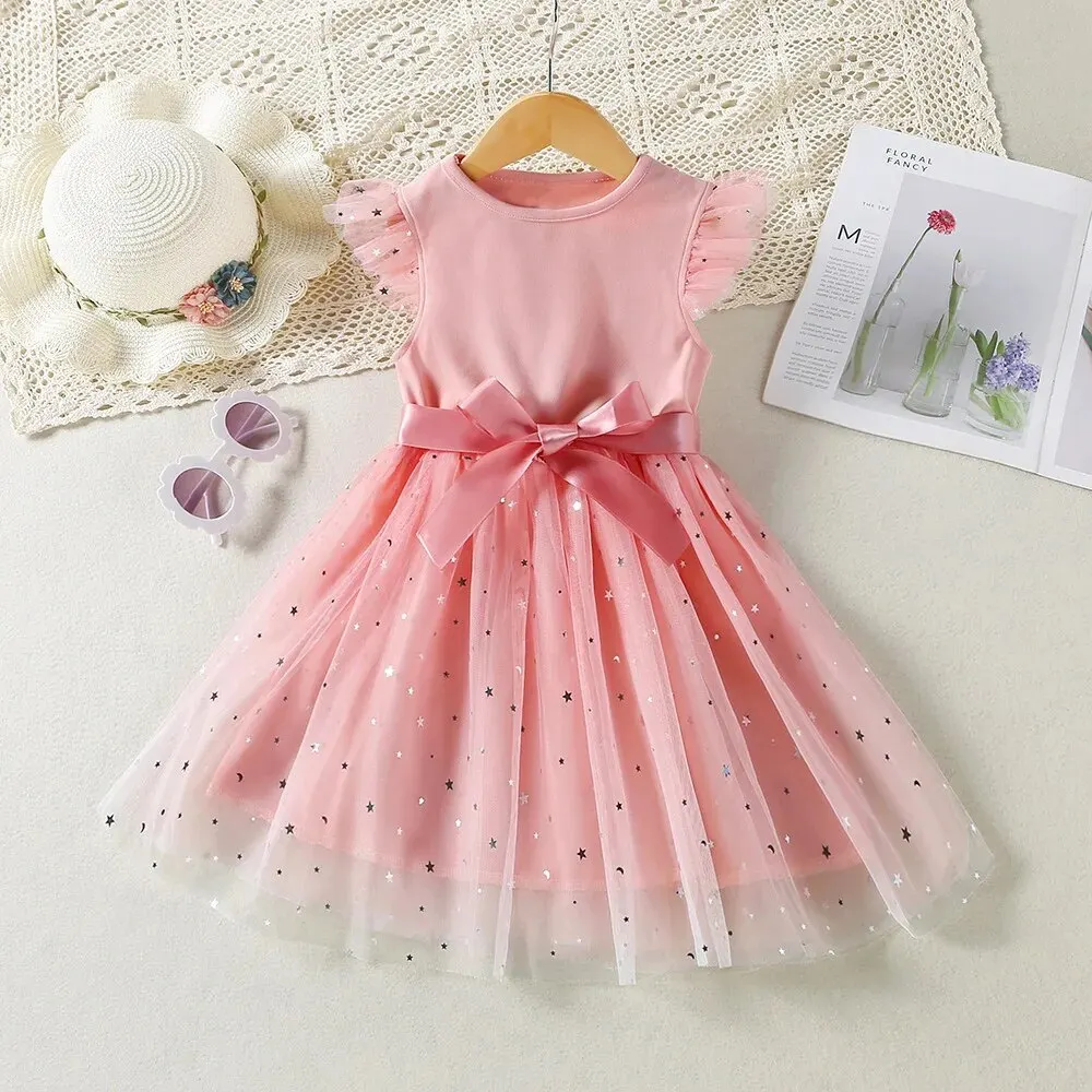 2025 New in Dress Solid Sequin Summer Dress 2 4 6 Years Kid's Princess Fly Sleeve Elegant Cute Birthday Party