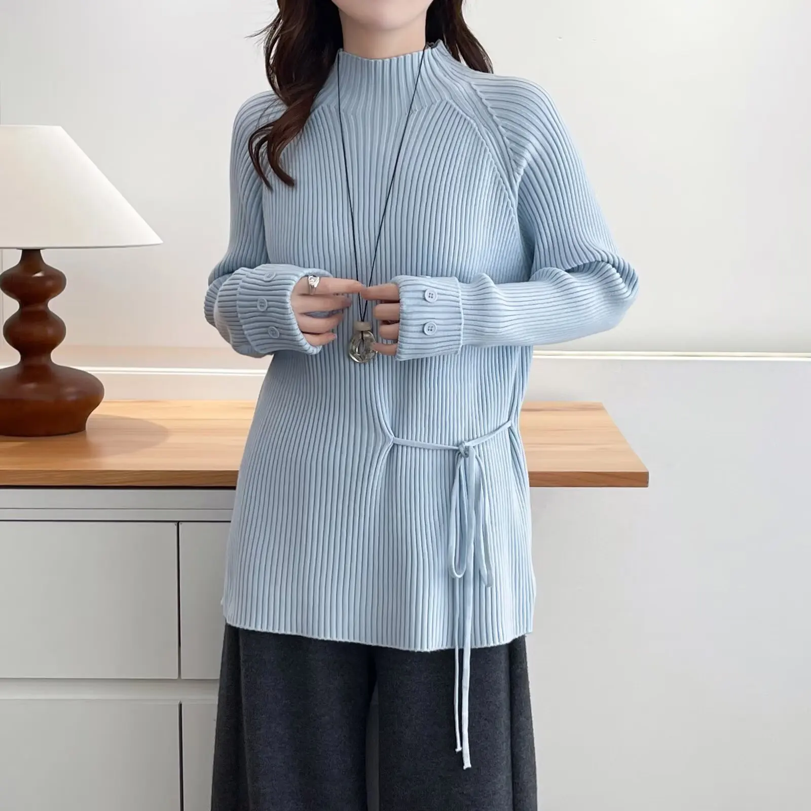 XXXXL Fashion Plus Size Women's Sweaters Autumn And Winter Korean Version New Style Thickened Mock Neck Belt Pullovers 8523